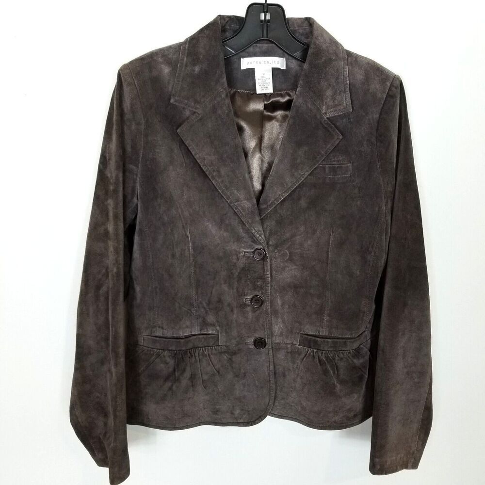 Pursuits LTD Women Suede Genuine Leather Jacket Sz M Brown Button Up Lined